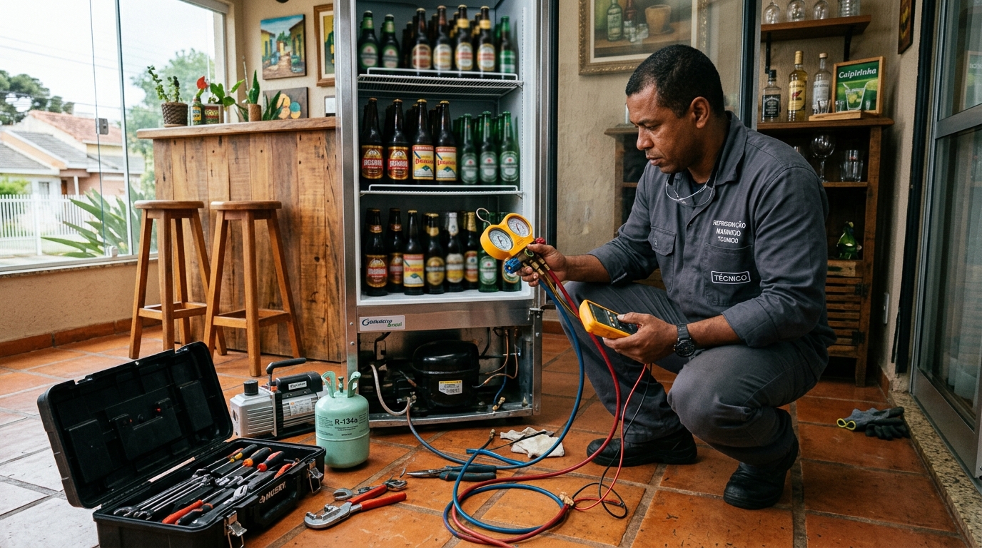 Técnico realizando manutenção de motor de cervejeira no Arpoador, Contagem‑MG