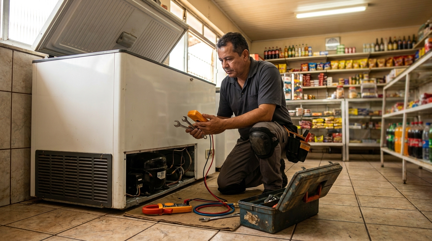 Técnico realizando manutenção de motor de freezer na Beatriz, Contagem‑MG