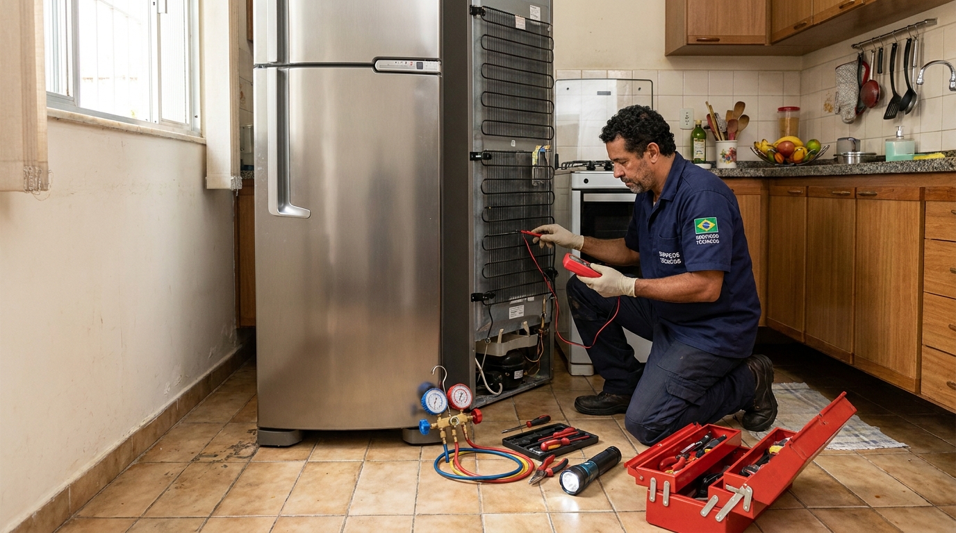 Técnico realizando manutenção de motor de geladeira na Providência, Contagem‑MG