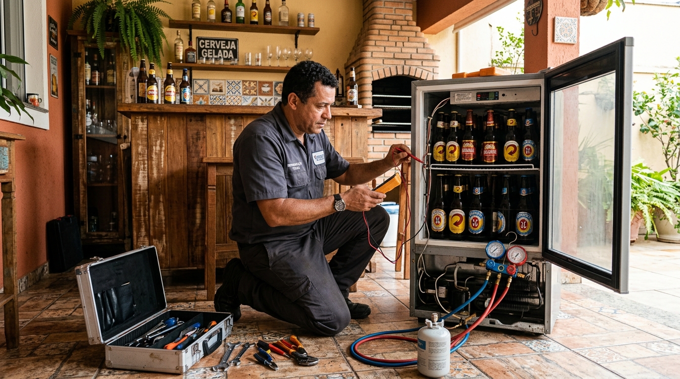 Recarga de gás refrigerante em cervejeira em atendimento no Arpoador, Contagem‑MG