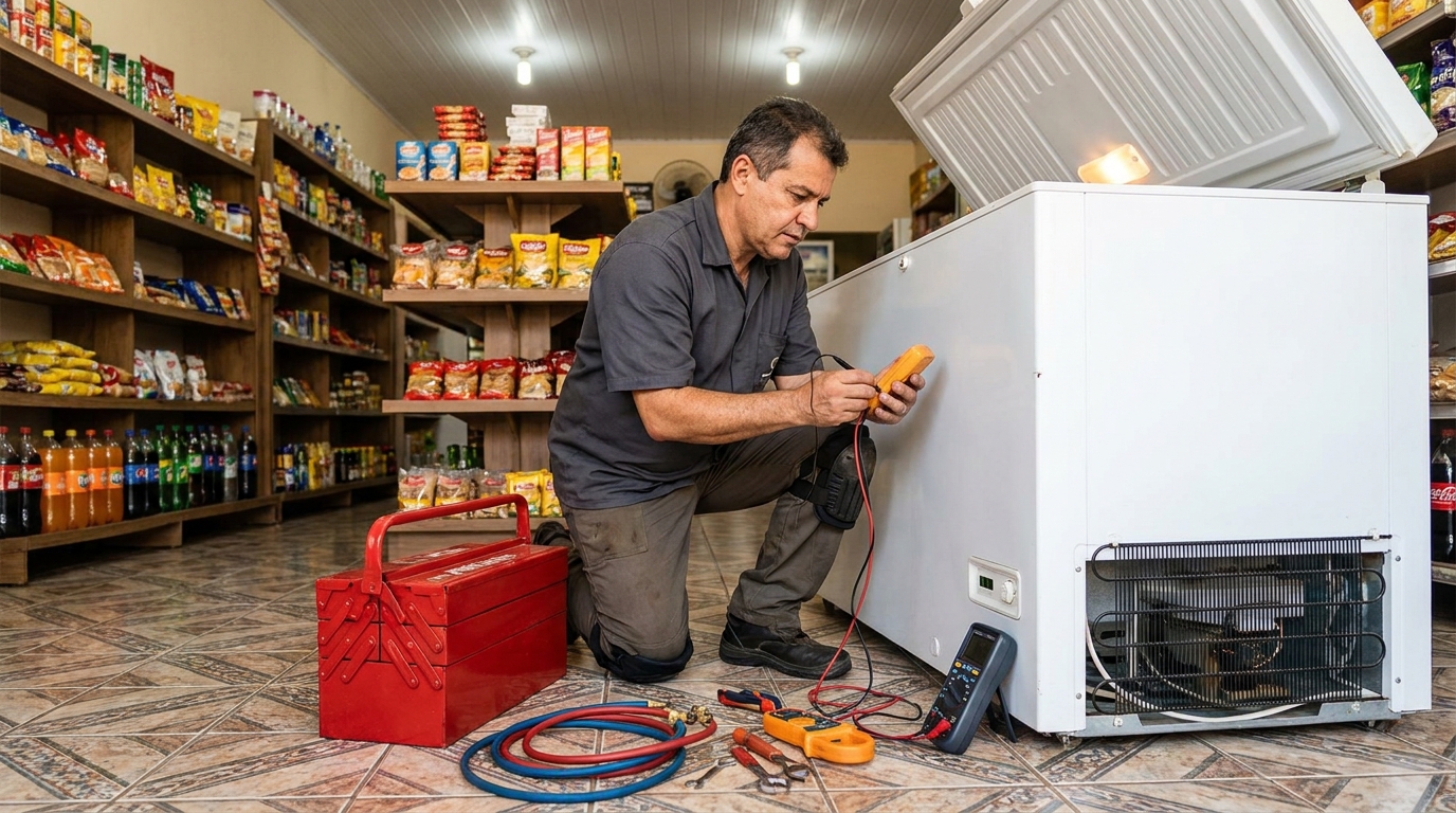 Recarga de gás refrigerante em freezer em atendimento na Beatriz, Contagem‑MG