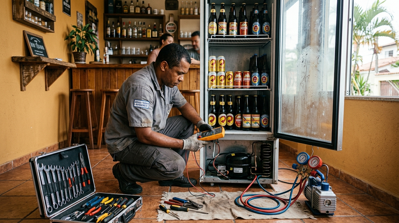 Troca de termostato de cervejeira em atendimento técnico no Arpoador, Contagem‑MG