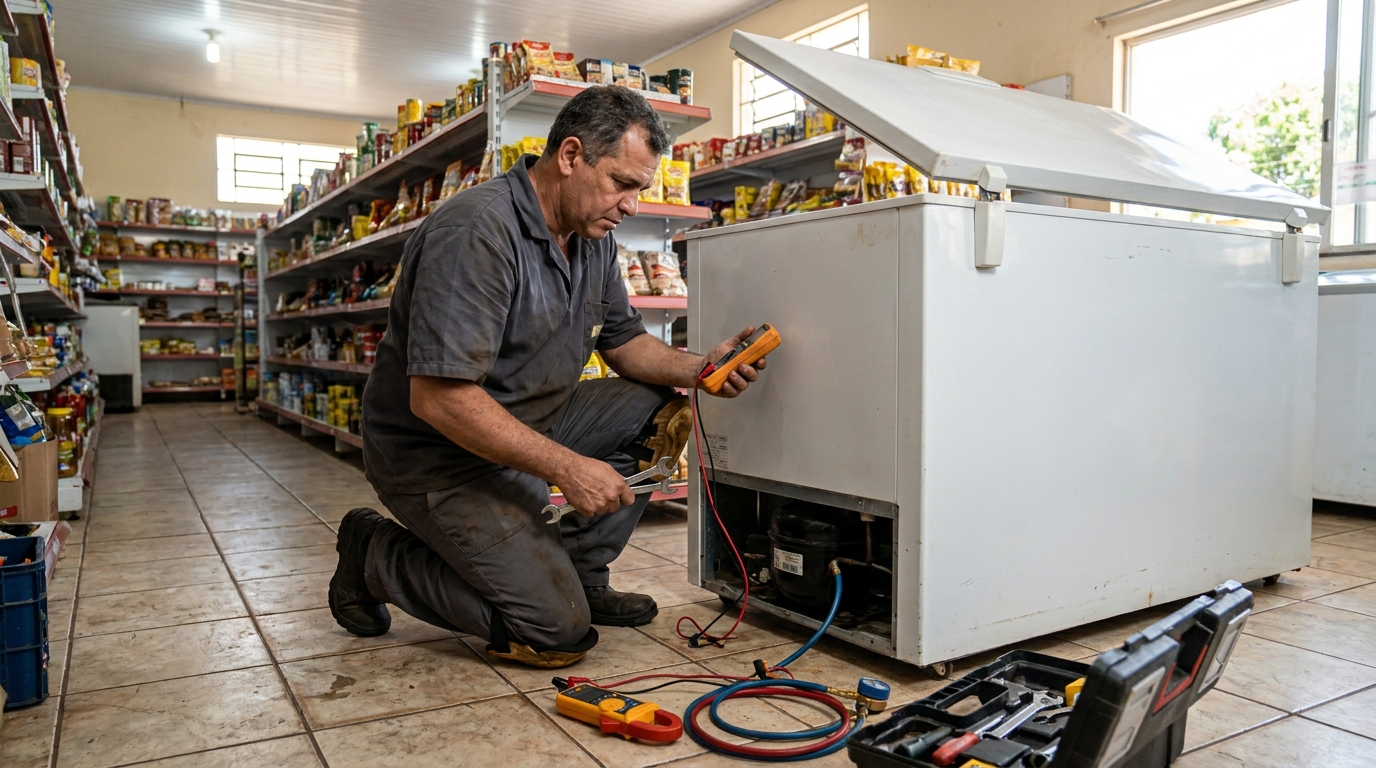 Troca de termostato de freezer em atendimento técnico na Beatriz, Contagem‑MG